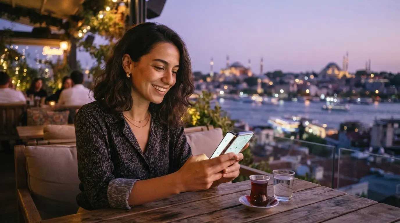 İstanbul manzaralı bir kafede telefonundan etkinlikleri keşfeden kadın