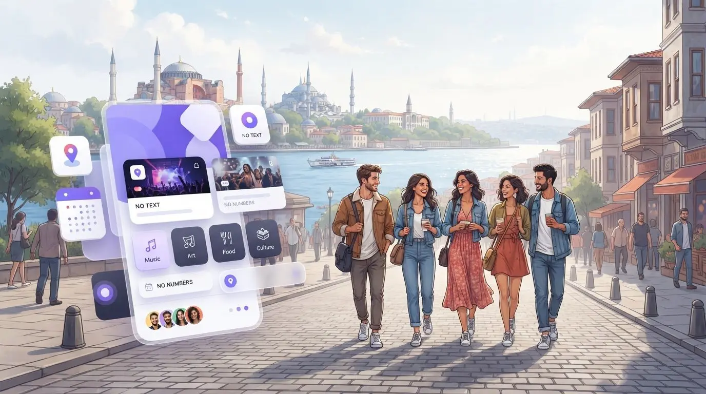 İstanbul’da etkinlik keşfeden arkadaş grubu ve konum tabanlı etkinlik uygulaması illüstrasyonu